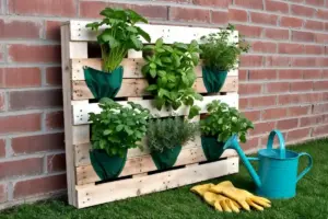 erbe aromatiche coltivate su pallet di legno